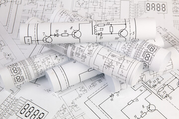 Work of an electronic engineer. Electrical engineering drawings close up.