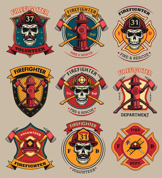 Firefighter patches set. Badges with skulls in helmets, axes, hydrant, red heraldry with ribbons. Colored vector illustrations collection for firemen, fire department, rescue concept