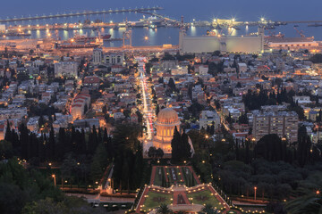 Evening view of the Bahai Garden and Haifa