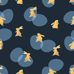 Easter pattern. Sunny bunny. Vector background. Spring holiday. Template design with rabbit and eggs on dark blue background. Vector illustration in cartoon style. Seamless pattern.
