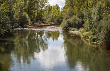 Fototapeta na wymiar Porma river in Puente Villarente (Municipality of Villaturiel), province of Leon, Castile and Leon, Spain