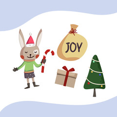 cute rabbit spreads joy. Cute illustration. Vector illustration. Christmas bundle. Christmas set. Background color. For children's cards and invitations.