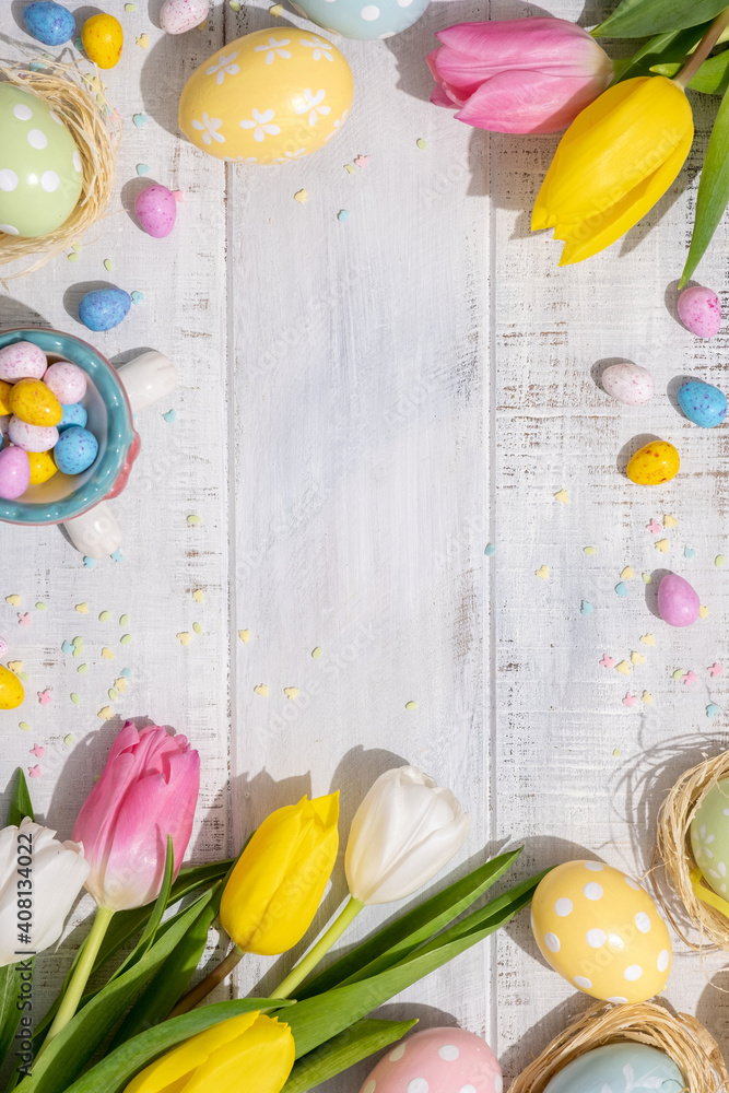 Wall mural happy easter background with bunnies, eggs, candies flowers