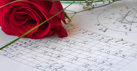 Close up of printed astrology  chart aspects with a red rose, st Valentine's  holiday astrology...