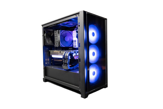 Isolated Black Destop Computer Middle Size Tower with LED RGB Light