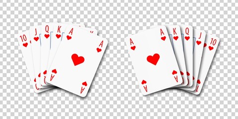 Vector realistic isolated playing cards with royal flush poker combination on the transparent background. - obrazy, fototapety, plakaty