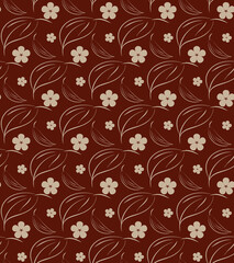 Fototapeta na wymiar Nature floral seamless pattern. Sketch hand drawn design of leaves, flowers. Brown background is easy to change