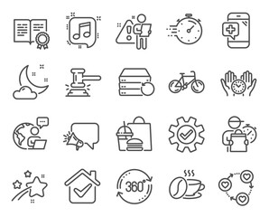 Business icons set. Included icon as Certificate, Full rotation, Friends community signs. Night weather, Safe time, Coffee cup symbols. Megaphone, Musical note, Recovery server. Bicycle. Vector