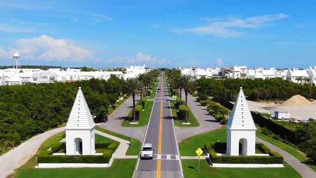 Flying Up From The Alys Beach Entrance, A Lot Of White Modern Houses On The Gulf Of Mexico Near Seaside, Panama City, And Destin Florida.