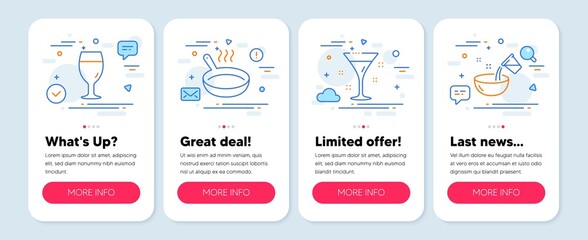 Set of Food and drink icons, such as Frying pan, Cocktail, Beer glass symbols. Mobile screen app banners. Cooking water line icons. Cooking utensil, Martini, Brewery beverage. Glass. Vector