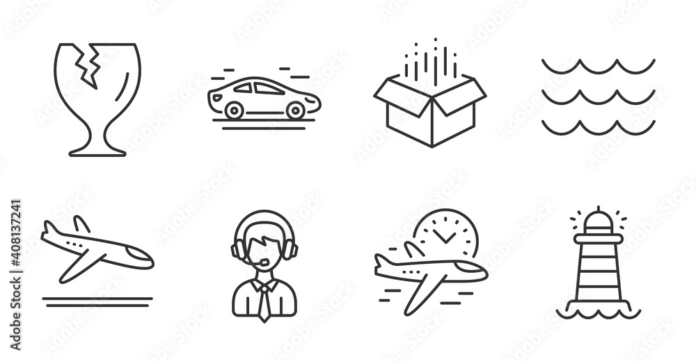 Aufkleber fragile package, car and lighthouse line icons set. waves, shipping support and open box signs. flig