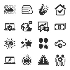 Set of Business icons, such as Cloud computing, Jazz, Gear symbols. Cloud system, Laptop repair, Employees teamwork signs. Medical drugs, Recovery server, Laptop insurance. Accounting. Vector