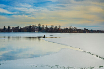 Snagov lake during wintertime, frost on the surface