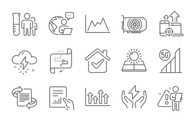 Fototapeta premium Diagram, Thunderstorm weather and Safe energy line icons set. Medical analyzes, 5g wifi and Gpu signs. Target path, Document and Marketing symbols. Sun energy, Upper arrows and Seo devices. Vector
