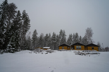 A misty view of yellow wooden houses in Cristmas wonderland trees covered with white snow