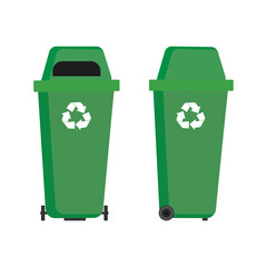 Green garbage cans for waste. Front and side views. Plastic recycle bins isolated on white background.
