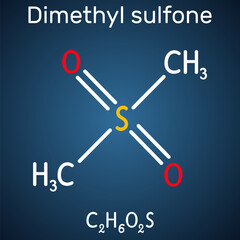 Methylsulfonylmethane, MSM, methyl sulfone, dimethyl sulfone molecule. It is organosulfur compound with sulfonyl functional group. Structural chemical formula on the dark blue background. Vector 