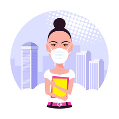 Young Woman Wearing Face Mask, Flat Style Vector