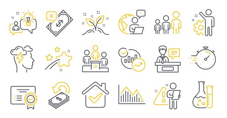 Set of Education icons, such as Exhibitors, Startup concept, Business hierarchy symbols. Statistics, Idea, Cashback signs. Rejected payment, Timer, Mindfulness stress. Chemistry lab. Vector