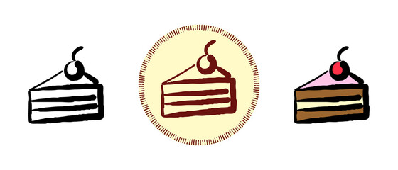 This is a set of icons with a different style of a piece of cherry cake. Contour, color and retro symbols of a piece of cake with cherries. Freehand drawing, doodles. Stylish solution for website and 