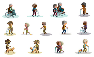 Vector image. Help for the elderly and people with disabilities. Relationships between elderly people, doctors and social workers without protective medical masks. set. Cartoon style