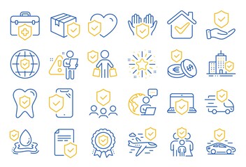Insurance line icons. Health care, risk, help service. Car accident, flood insurance, flight protection icons. Safety document, money savings, delivery risk. Car full coverage. Line icon set. Vector