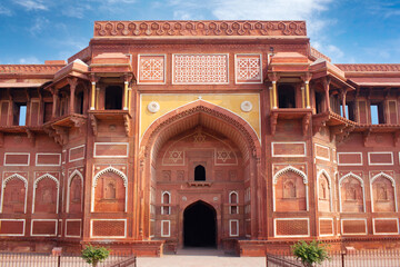 View of Jahangir Palace in sunny day in Red Fort complex in Agra, Uttar Pradesh, India