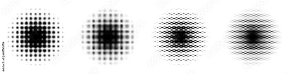 Poster Set of halftone circles. Abstract dotted background. Texture of black dots. Monochrome gradient background. Vector illustration.