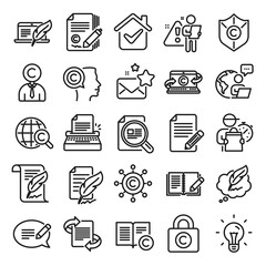 Copywriting book line icons. Set of Copyright protection, Signature and Feedback icons. Typewriter, Idea and message copywriting. Write book, legal copyright, content author. Light bulb. Vector