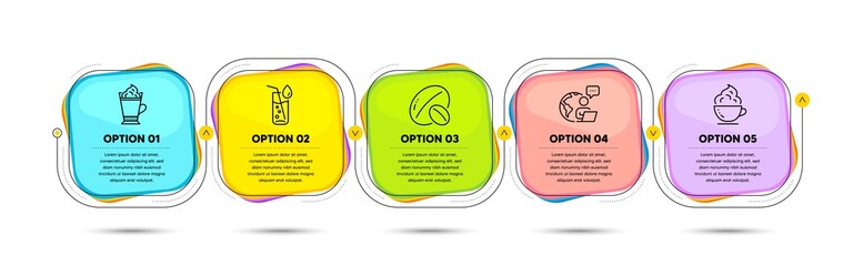 Soy nut, Coffee cup and Latte coffee line icons set. Timeline process flowchart. Water glass sign. Vegetarian food, Whipped cream, Hot drink with whipped cream. Soda drink. Food and drink set. Vector