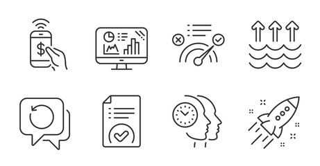 Correct answer, Analytics graph and Time management line icons set. Phone payment, Startup rocket and Recovery data signs. Approved document, Evaporation symbols. Quality line icons. Vector