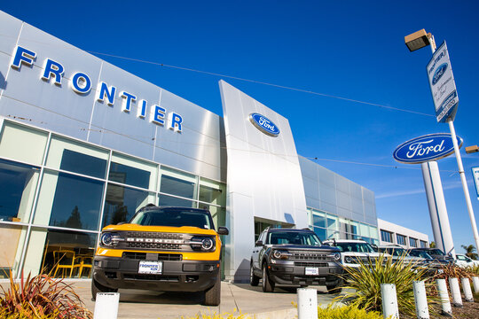 Santa Clara, CA, USA - January 14, 2021: Ford Motor Company dealership Frontier Ford displays  inventory of new Ford Broco SUV