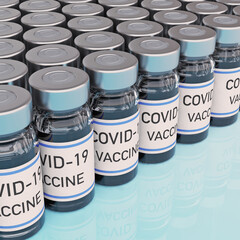 Ampoules with Covid-19 vaccine. Coronavirus sars-cov-2 pandemic. 3D render
