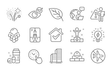 Leaf, Construction bricks and Skyscraper buildings line icons set. Ice cream, Crane claw machine and Fireworks signs. Inspiration, Winner and Flight mode symbols. Line icons set. Vector