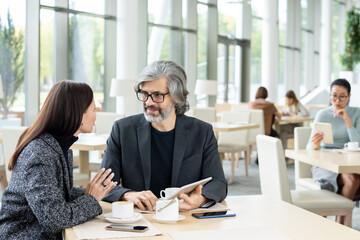 Young contemporary businesswoman explaining her viewpoint to mature colleague