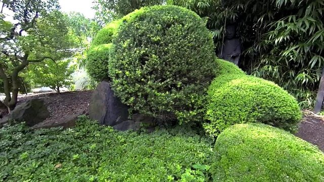 Steadicam shot moving through Japanese garden to close-up of statue of Jizo.