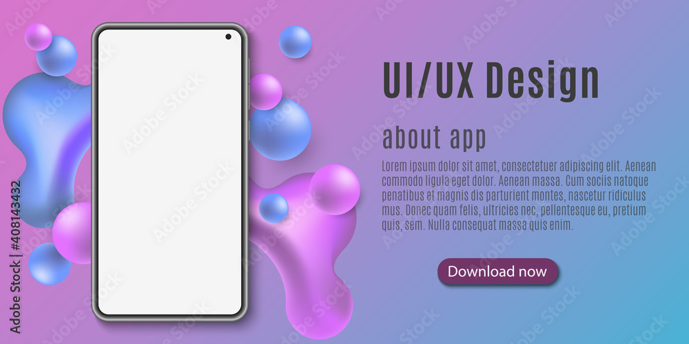 Poster mobile phone for web template. smartphone mockup of application with liquid design. abstract fluid s