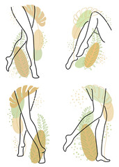 Silhouette of a beautiful lady. The girl is slim and elegant. The woman's legs and hands. Nearby green leaves, nature. Suitable for advertising cosmetics. Vector illustration.