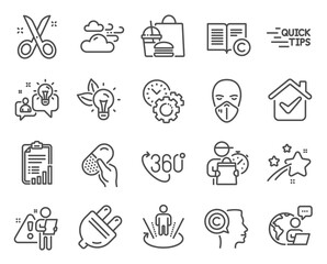 Science icons set. Included icon as Electric plug, Copyright, Augmented reality signs. Windy weather, Eco energy, Idea symbols. Checklist, Scissors, Time management. Education, 360 degree. Vector