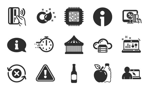 Beer, Cooking timer and Contactless payment icons simple set. Cpu processor, Cloud server and Apple signs. Paint brush, Online shopping and Carousels symbols. Flat icons set. Vector