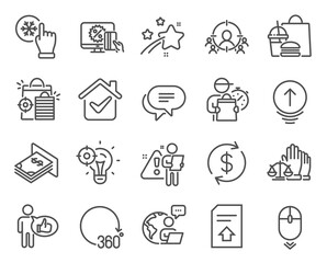 Business icons set. Included icon as Like, Usd exchange, Swipe up signs. Business targeting, Atm money, Online shopping symbols. Seo idea, Upload file, Freezing click. Court jury. Vector