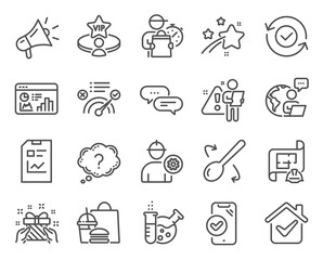 Business icons set. Included icon as Cooking spoon, Chemistry lab, Engineering plan signs. Seo statistics, Engineer, Dots message symbols. Correct answer, Megaphone, Security confirmed. Vector