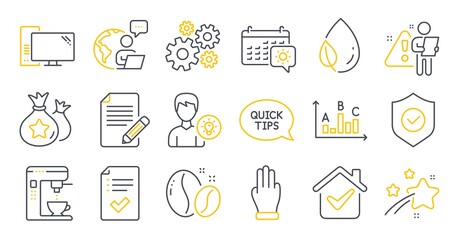 Set of line icons, such as Security shield, Travel calendar, Approved checklist symbols. Person idea, Cogwheel, Three fingers signs. Coffee maker, Quickstart guide, Computer. Article. Vector