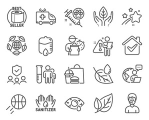 Healthcare icons set. Included icon as Drop counter, Dog vaccination, People insurance signs. Conjunctivitis eye, Fair trade, Ambulance car symbols. Leaf, Medical mask, Hand sanitizer. Vector