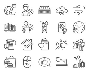 Line icons set. Included icon as Bureaucracy, Mattress, Airport transfer signs. Scroll down, Windy weather, Love document symbols. Buildings, Feedback, Water glass. Dog certificate. Vector