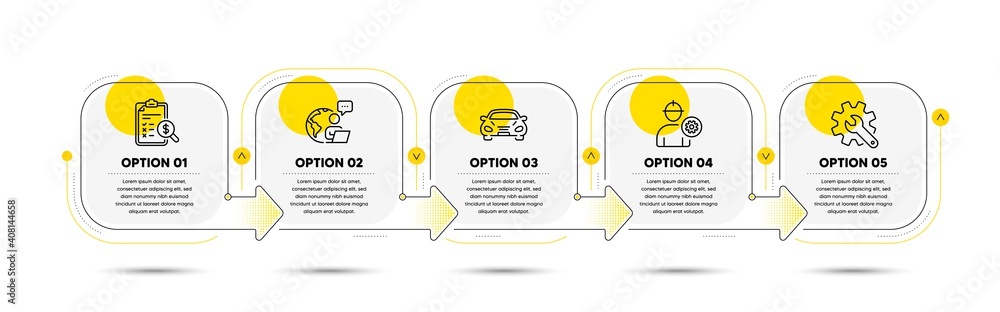 Poster car, accounting report and customisation line icons set. timeline process flowchart. engineer sign. 