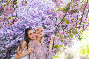 Fototapeta premium Two young women relaxing in sakura flowers. Spring girls.
