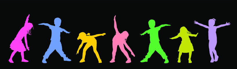 Happy joyful kids, little boys and girls doing exercise vector silhouette isolated on black background. Funny playing plane game. Spread hands flying symbol widespread hands open. Smiling children.