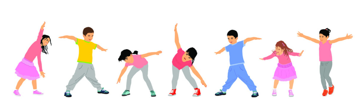 Happy joyful kids, little boys and girls doing exercise vector illustration isolated. Funny playing plane game. Spread hands flying symbol widespread hands open. Smiling children.