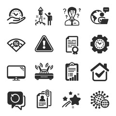 Set of Science icons, such as Interview documents, Recovery data, Time management symbols. Computer, Coronavirus, Fireworks signs. Certificate diploma, Wifi, 5g wifi. Safe time, Checklist. Vector